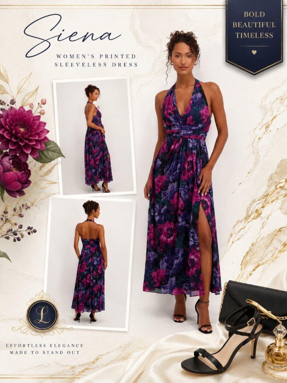 Siena Floral Halter Maxi Dress Black Mix Size 14 NWT Wedding Guest